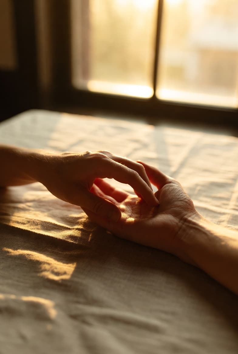 Deux mains se frôlant tendrement dans la lumière du soir