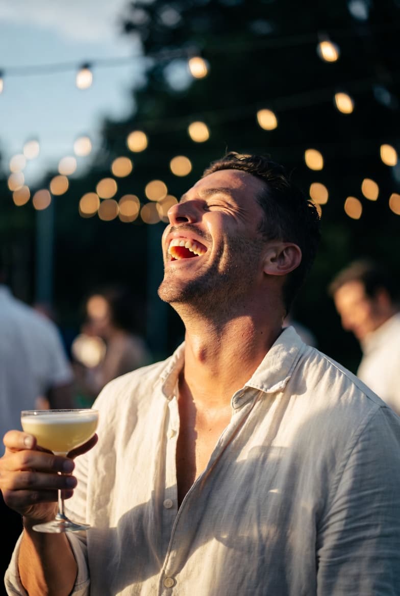 Homme riant lors d'une soirée en plein air