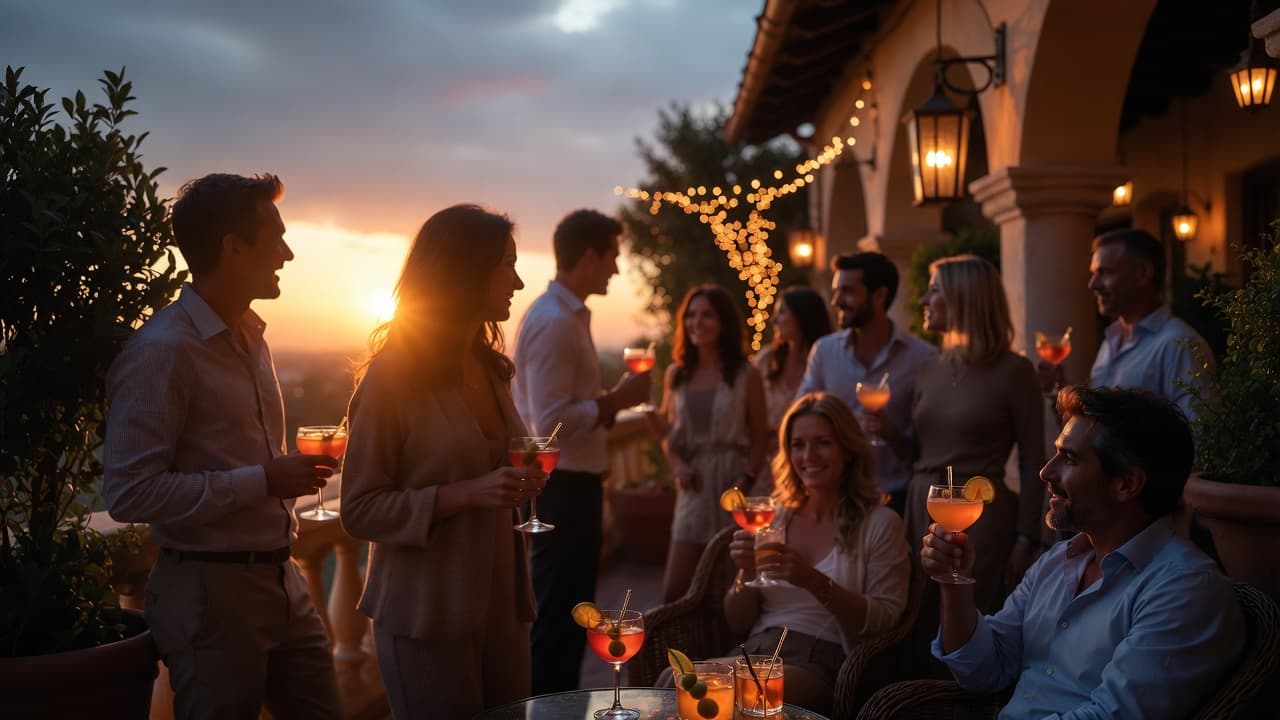 Groupe d'amis partageant des cocktails sur une terrasse