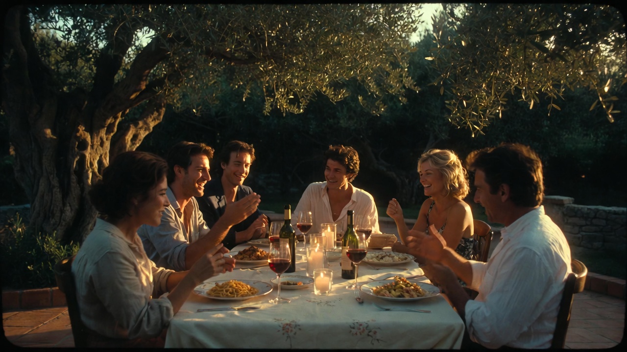 Dîner convivial entre amis dans la lumière dorée
